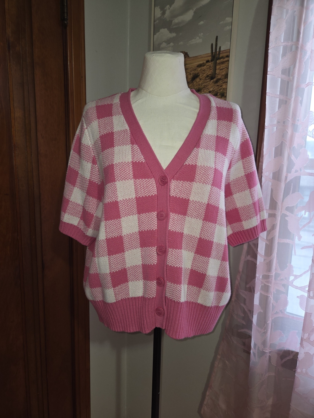 St. John's Bay Pink and White Checked V-Neck Button Cardigan